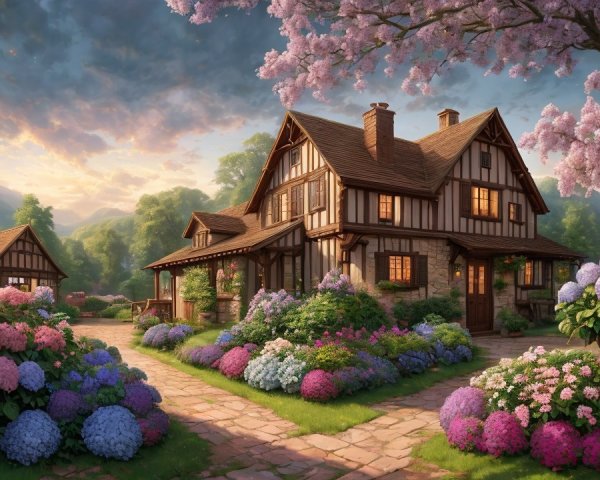 Tudor-Style House Surrounded by Colorful Gardens