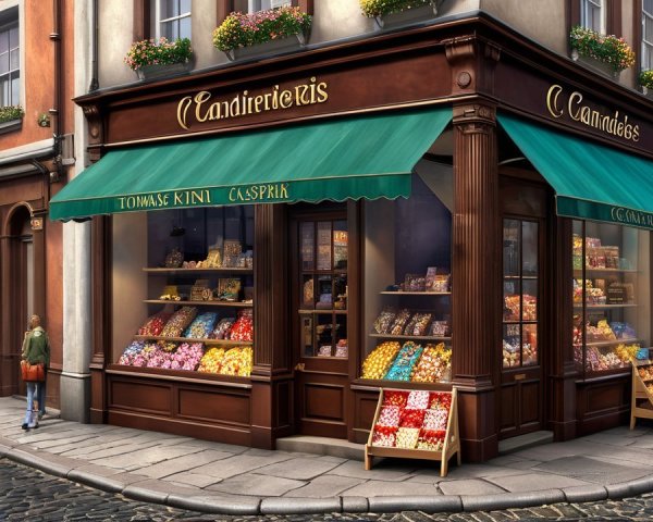 Charming Candy Shop on Cobblestone Street Corner