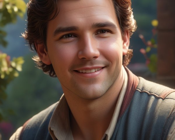 Young man with wavy hair in serene green setting