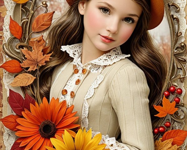 Young girl in vintage outfit with sunflowers and leaves