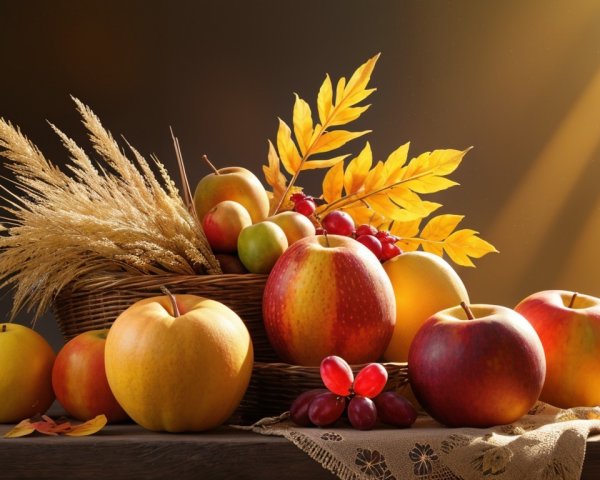Harvest Scene with Apples, Grapes, and Golden Leaves