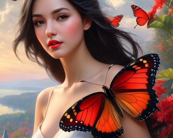 Young woman in white dress with butterflies in nature