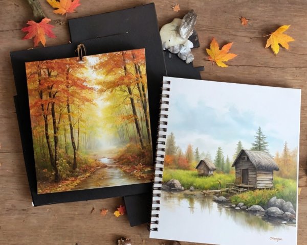 Autumn-Themed Art Featuring Forest and Rustic Huts