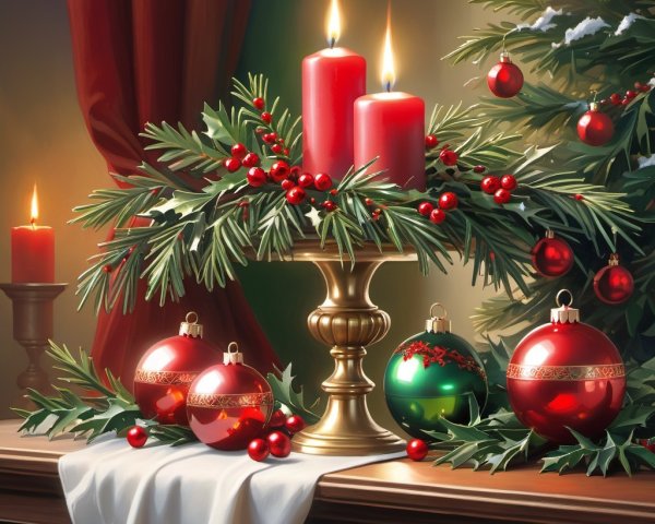 Richly Adorned Christmas Tabletop with Candles and Decor
