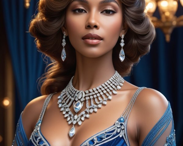 Glamorous Woman in Elegant Jewelry and Blue Gown