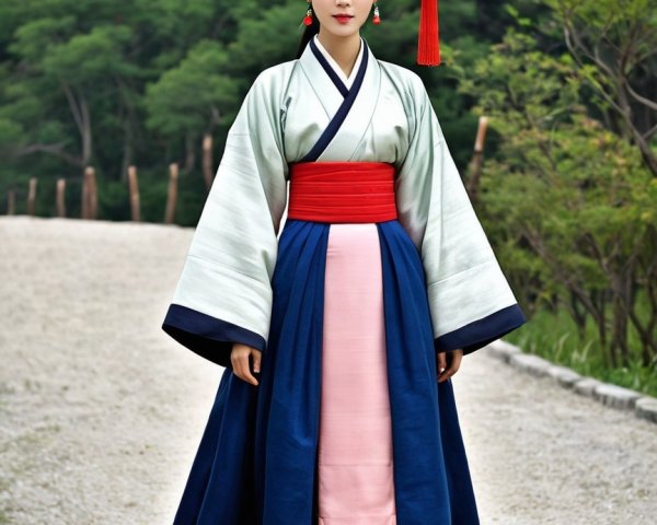 Woman in Traditional Hanbok on Winding Pathway