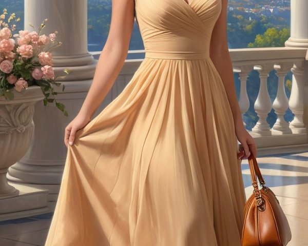 Elegant Woman in Cream Dress with Mountain Backdrop