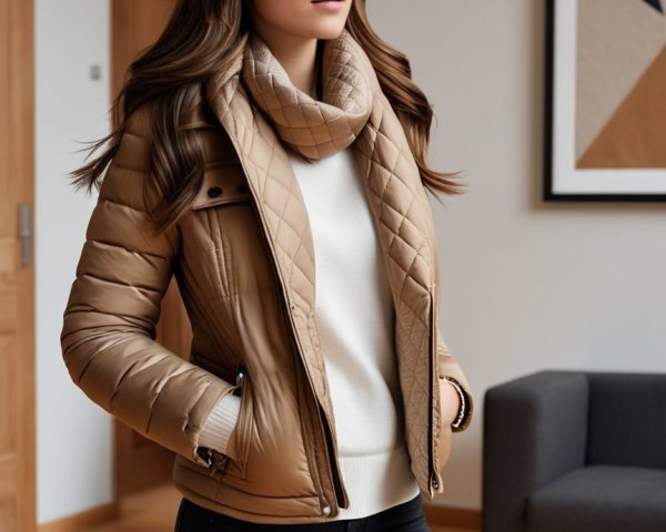 Young Woman in Stylish Jacket in Modern Interior