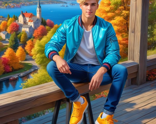 Young man in turquoise jacket against autumn landscape