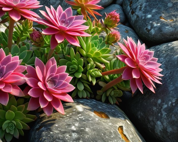 Pink Succulents Among Weathered Stones in Nature