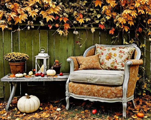 Cozy Outdoor Setting with Vintage Armchair and Decor