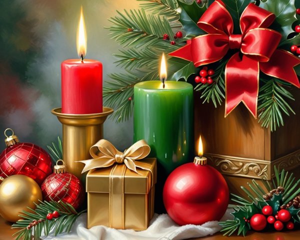 Christmas Still Life with Candles and Festive Decor