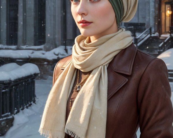 Young Woman in Stylish Winter Outfit in Snowy Setting