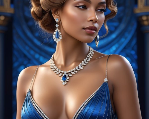 Elegant Woman in Blue Gown with Sparkling Jewelry