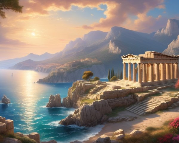 Coastal Landscape with Ancient Temple at Sunset