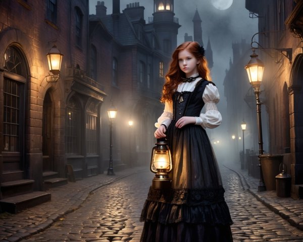 Misty Cobblestone Street with Lantern and Shadows