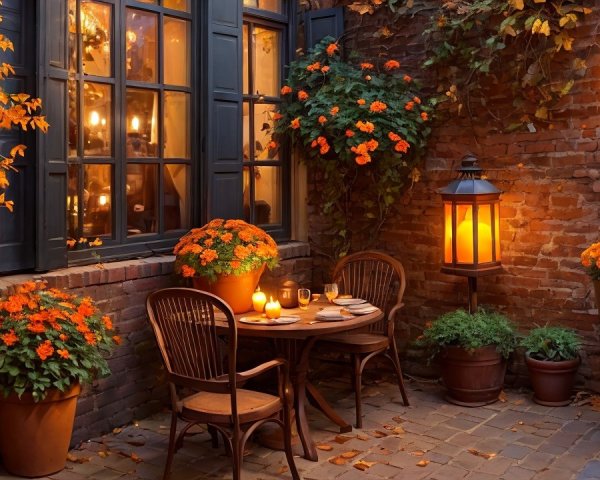 Cozy Outdoor Dining Area with Rustic Decor and Flowers