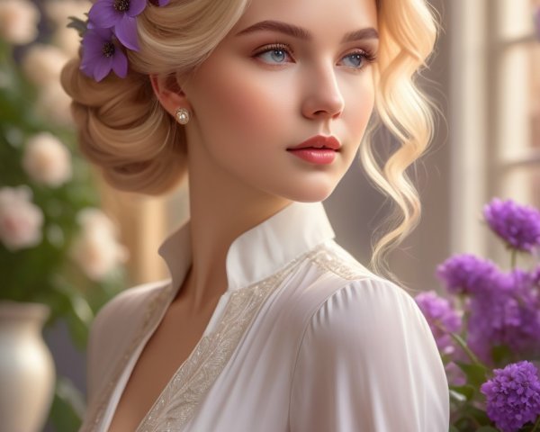 Close-up Portrait of a Young Woman with Flowers