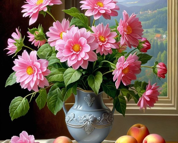 Still Life with Pink Dahlias and Peaches in Nature