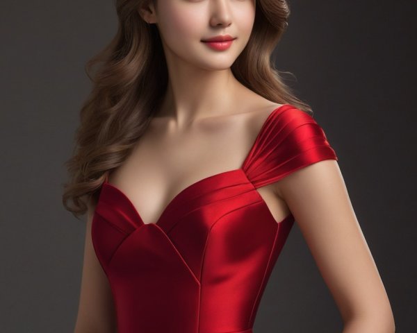 Elegant Woman in Red Satin Gown with Off-Shoulder Straps