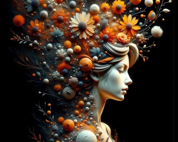 Stylized female profile with vibrant floral elements