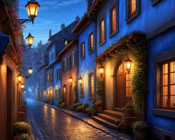 Moonlit Cobblestone Street with Vintage Houses and Lamps