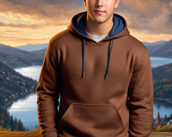 Young man by serene lake and mountains at sunset