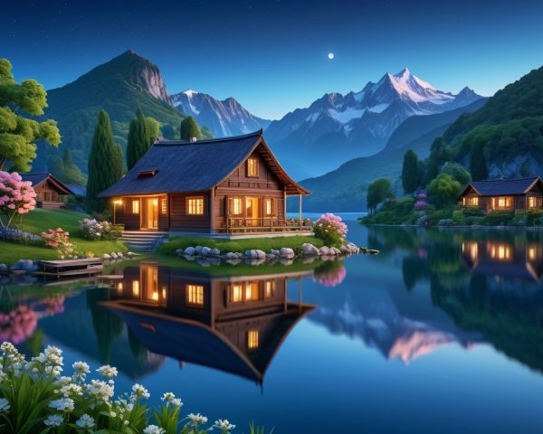 Twilight Lakeside Scene with Cabin and Mountains