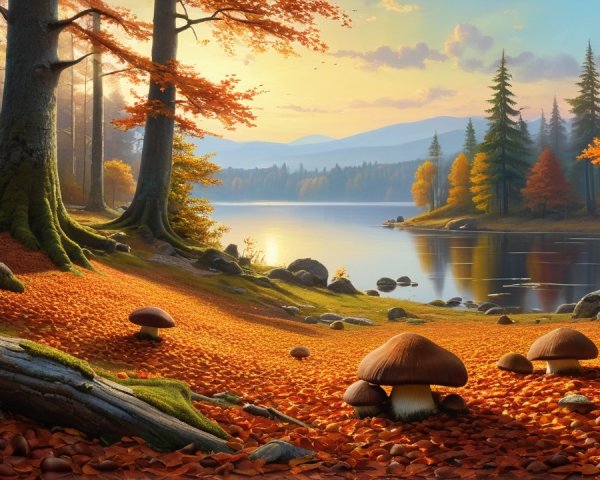 Serene Autumn Landscape with Tranquil Lake and Foliage