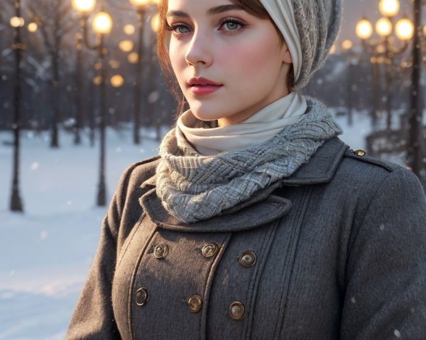 Young Woman in Gray Coat in Snowy Landscape