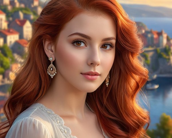 Young Woman with Red Hair in Picturesque Town