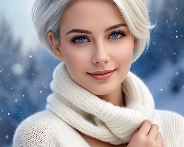 Young woman in cozy attire smiles in snowy setting