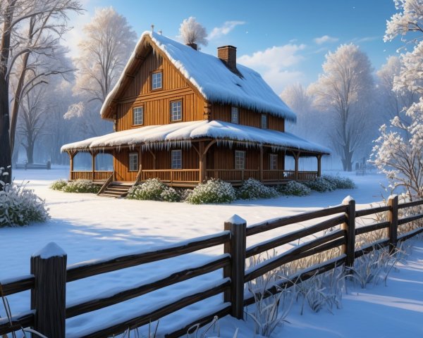 Cozy Wooden House in Snowy Winter Landscape