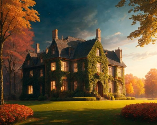 Ivy-Covered Mansion Surrounded by Autumn Foliage