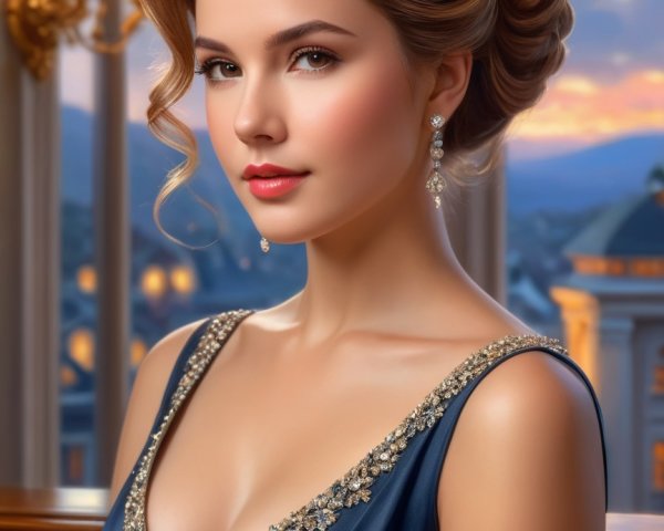 Elegant Woman in Blue Gown in Decorated Room