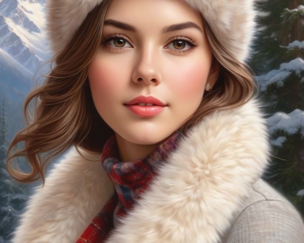 Young woman in fur hat and coat in snowy landscape