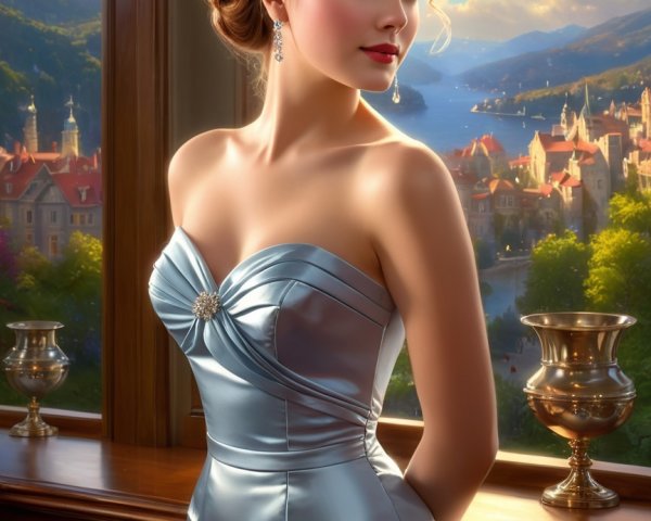 Elegant woman in silver gown with scenic views