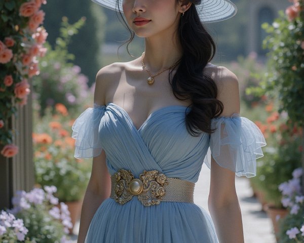 Woman in Floral Garden with Blue Off-Shoulder Dress