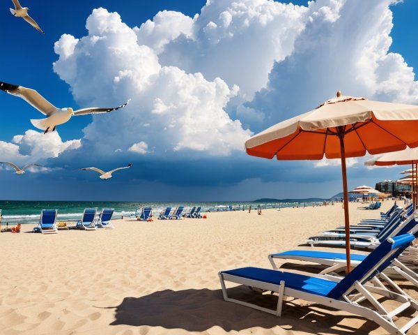 Picturesque Beach Scene with Sand, Sky, and Umbrellas
