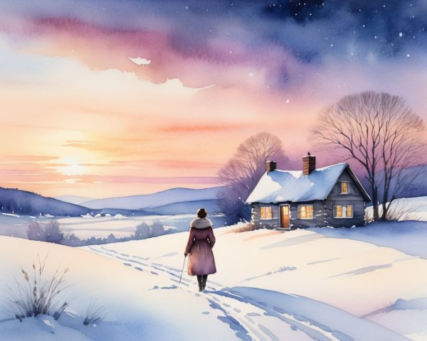 Serene winter landscape with snow-covered hills and cottage