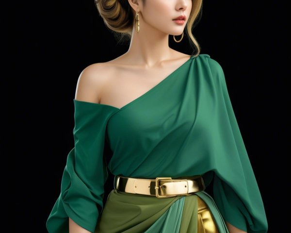 Elegant Woman in Off-Shoulder Green Dress Against Black