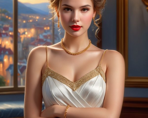 Elegant woman in white gown with gold accents