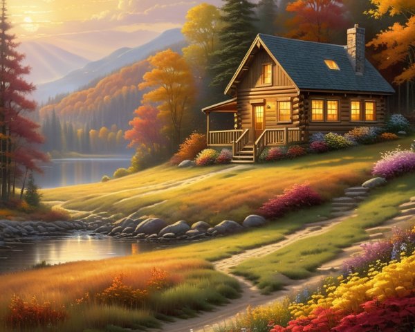 Cozy log cabin by tranquil lake in autumn scenery