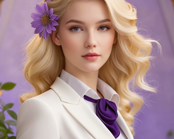 Young woman in white suit with lavender background
