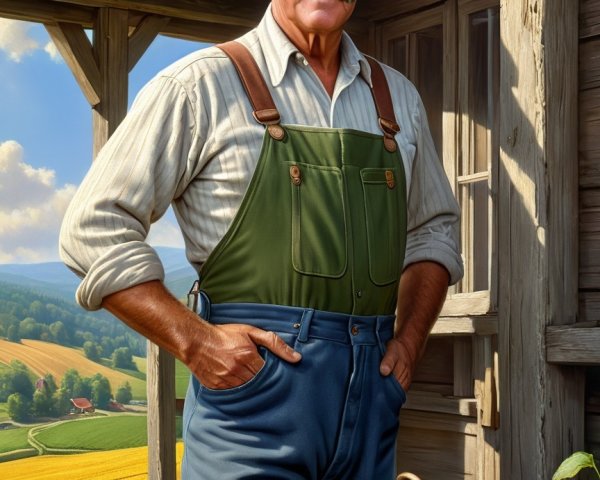 Farmer in Rustic Setting with Baskets of Apples