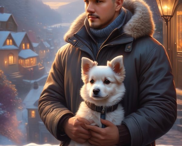 Winter Village Scene with Man and Dog in Parka