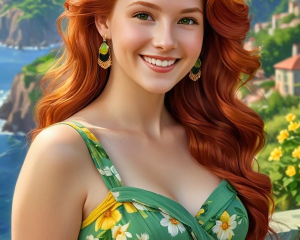 Young Woman in Floral Dress Against Coastal Landscape