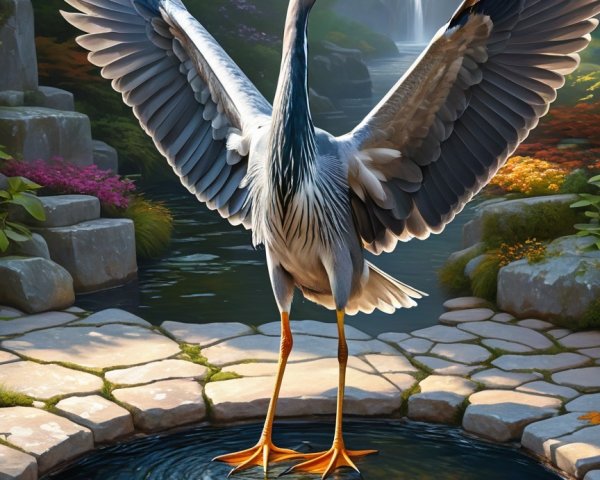 Heron with Outstretched Wings by Tranquil Pond