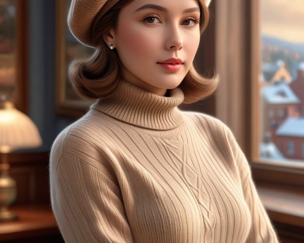 Young Woman in Cozy Room with Winter Landscape View