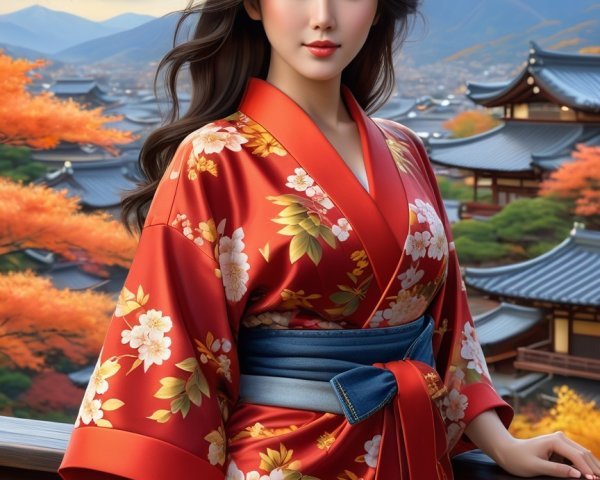 Woman in Red Kimono on Balcony with Autumn Landscape